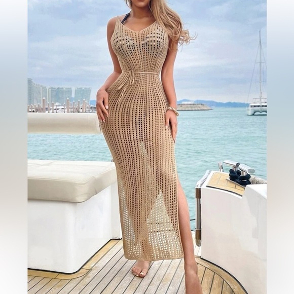 Backless Open Knit Belted Split Thigh Cover Up, Size M - Picture 1 of 7